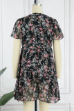 Elegant Simplicity Floral Patchwork Mandarin Collar Pleated Dresses