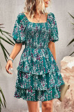 Floral Patchwork Square Collar Cake Skirt Dresses