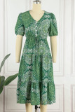 Elegant College National Totem Buttons Slit V Neck A Line Dresses