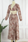 Sexy Vacation National Totem Patchwork Frenulum Slit V Neck Long Sleeve Two Pieces