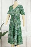 Elegant College National Totem Buttons Slit V Neck A Line Dresses