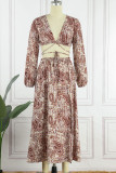 Sexy Vacation National Totem Patchwork Frenulum Slit V Neck Long Sleeve Two Pieces
