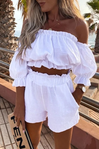 Sexy Casual Solid Patchwork Stringy Selvedge Off the Shoulder Short Sleeve Two Pieces