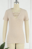 Casual Simplicity Solid Hollowed Out V Neck T-Shirts