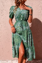 Elegant College National Totem Buttons Slit V Neck A Line Dresses