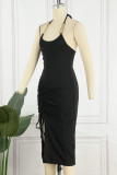 Sexy Solid Frenulum Fold Halter Irregular Dress Dresses