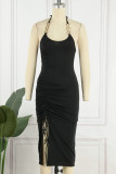 Sexy Solid Frenulum Fold Halter Irregular Dress Dresses
