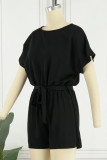 Casual Simplicity Solid Frenulum O Neck Loose Rompers