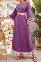 Casual College Vacation Solid Tassel Without Belt O Neck A Line Dresses