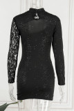 Sexy Elegant Solid Lace Sequined Mandarin Collar Wrapped Skirt Dresses