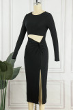 Sexy Casual Solid Hollowed Out O Neck Wrapped Skirt Dresses