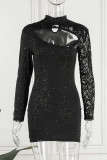 Sexy Elegant Solid Lace Sequined Mandarin Collar Wrapped Skirt Dresses