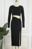 Sexy Casual Solid Hollowed Out O Neck Wrapped Skirt Dresses
