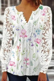 Sweet Elegant Print Lace Patchwork V Neck Tops