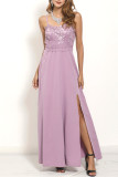 Sweet Formal Solid Lace Slit Sling Dress Dresses