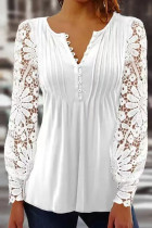 Sweet Work Elegant Solid Lace Patchwork V Neck Tops