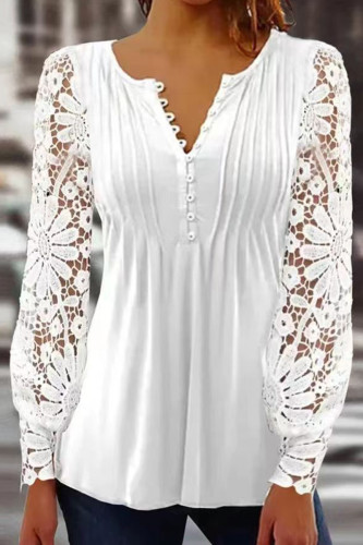 Sweet Work Elegant Solid Lace Patchwork V Neck Tops