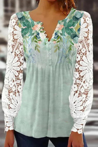 Sweet Elegant Print Lace Patchwork V Neck Tops