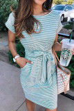 Casual Striped Patchwork With Belt O Neck A Line Dresses