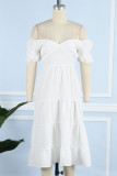 Sweet Vacation Solid Frenulum Backless Square Collar Cake Skirt Short Sleeve Dress