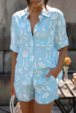 Casual Daily Print Pocket Turndown Collar Short Sleeve Two Pieces