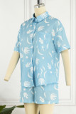 Casual Daily Print Pocket Turndown Collar Short Sleeve Two Pieces