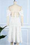 Sweet Vacation Solid Frenulum Backless Square Collar Cake Skirt Short Sleeve Dress