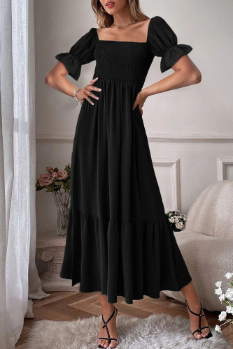 Sweet Elegant Solid Flounce U Neck A Line Short Sleeve Dress