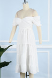 Sweet Vacation Solid Frenulum Backless Square Collar Cake Skirt Short Sleeve Dress