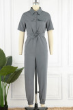 Casual Daily Solid Frenulum With Belt Turndown Collar Regular Jumpsuits