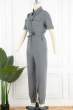 Casual Daily Solid Frenulum With Belt Turndown Collar Regular Jumpsuits