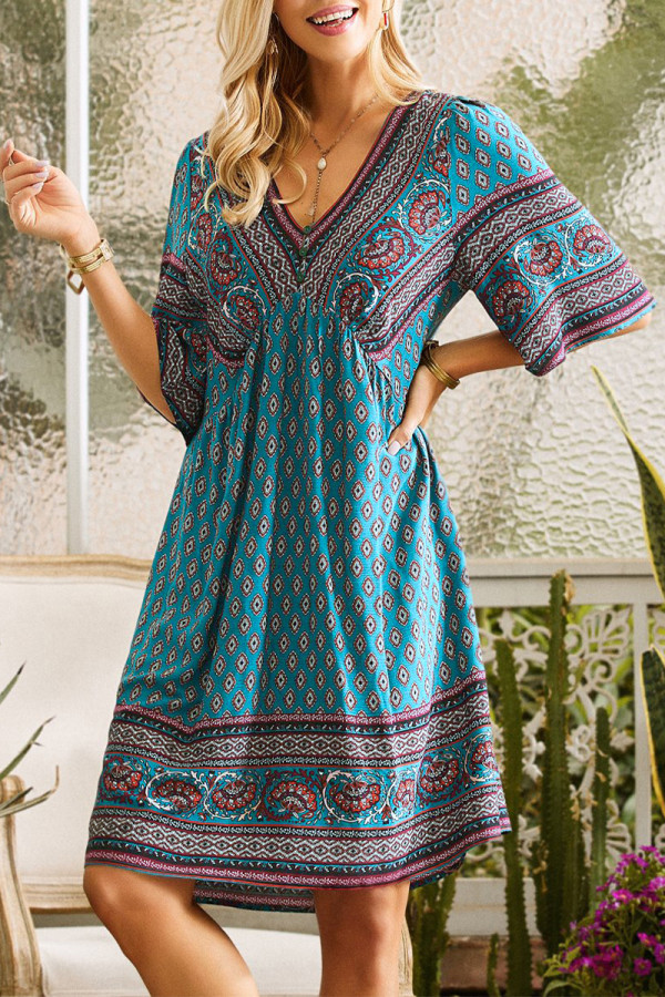 Bohemian College National Totem Patchwork V Neck A Line Dresses