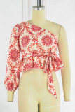 Elegant Vacation Not Positioning Printed Patchwork Oblique Collar Tops