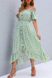 Sweet Elegant Print Asymmetrical Off the Shoulder A Line Short Sleeve Dress