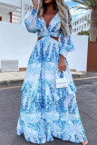 Sexy Vacation Print Hollowed Out V Neck Cake Skirt Dresses