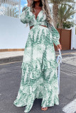 Sexy Vacation Print Hollowed Out V Neck Cake Skirt Dresses