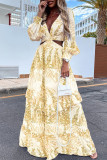 Sexy Vacation Print Hollowed Out V Neck Cake Skirt Dresses