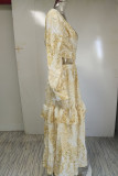Sexy Vacation Print Hollowed Out V Neck Cake Skirt Dresses