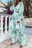 Sexy Vacation Print Hollowed Out V Neck Cake Skirt Dresses
