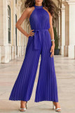 Casual Simplicity Solid Frenulum Fold Halter Loose Jumpsuits