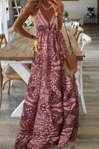 Bohemian Elegant Print Draw String V Neck Princess Dresses
