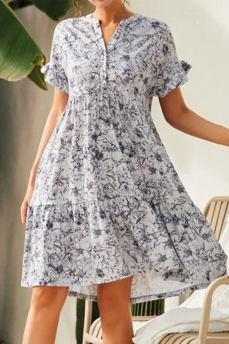 Sweet College Floral Buttons V Neck A Line Short Sleeve Dress