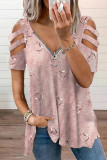 Casual Print Hollowed Out V Neck T-Shirts