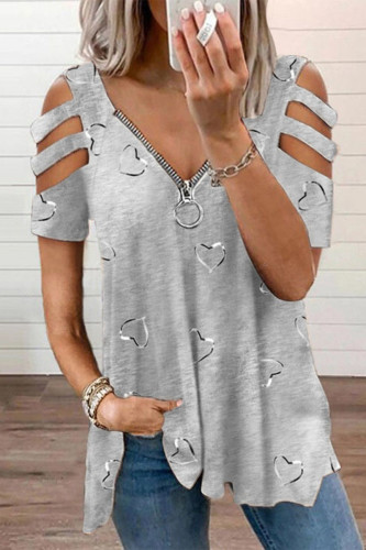 Casual Print Hollowed Out V Neck T-Shirts