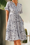 Sweet College Floral Buttons V Neck A Line Short Sleeve Dress