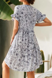 Sweet College Floral Buttons V Neck A Line Short Sleeve Dress