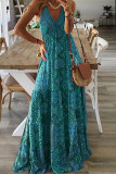 Bohemian Elegant Print Draw String V Neck Princess Dresses