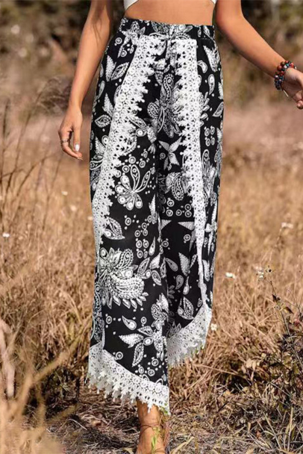 Bohemian Vintage Print Patchwork Loose High Waist Wide Leg Patchwork Bottoms
