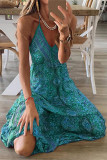Bohemian Elegant Print Draw String V Neck Princess Dresses
