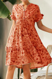 Sweet College Floral Buttons V Neck A Line Short Sleeve Dress